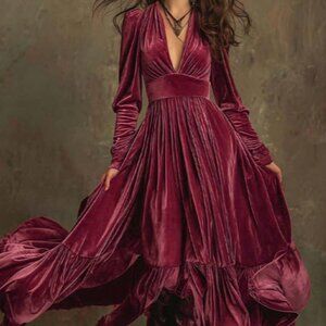 Pink Elegant Women's Maxi Dress with Deep V-Neck & Long Sleeves